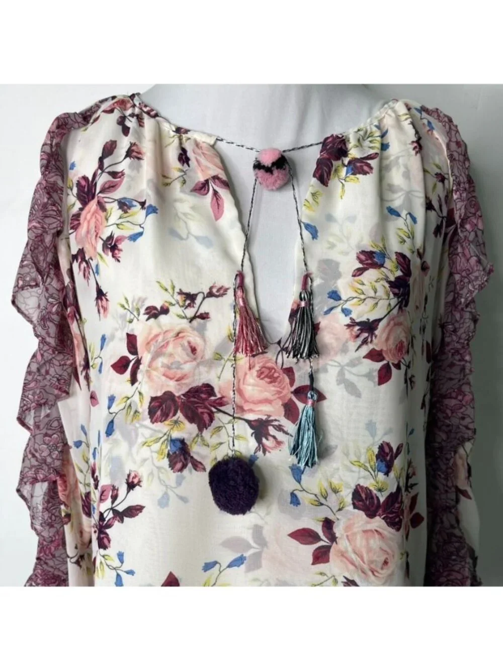 MISA Los Angeles Sia Floral Chiffon Ruffle Blouse XS Burgundy Cream Boho Tassel - Picture 2 of 12